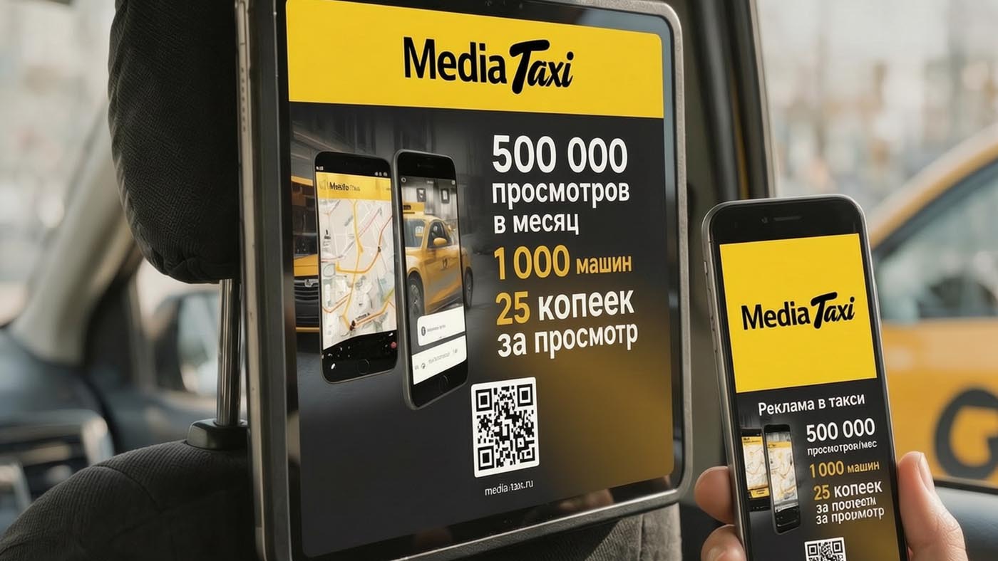 Медиапланшет Media Taxi на подголовнике в салоне такси: реклама с QR-кодом, пассажир сканирует её телефоном